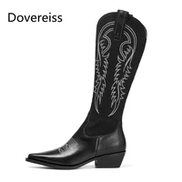 dovereiss fashion womens shoes winter embroidery elegant pure color sexy zipper knee high boots chunky heels concise 34 39