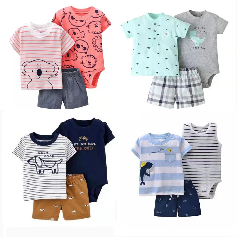 3PCS Newborn Baby Clothing Set 2021 Summer Boy Cartoon Girl Printed Leotard + Top + Shorts Baby Clothing Set