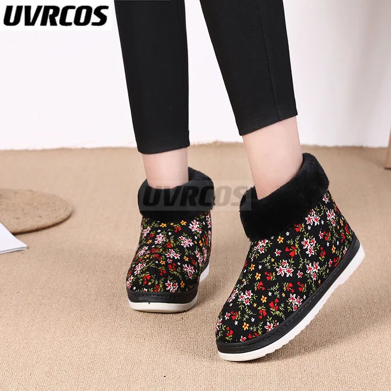 

2022 Women Winter Snow Boots Flat Floral Folk Warm Thick Plush Zip Ankle Boot Woman Platform Cotton Shoes