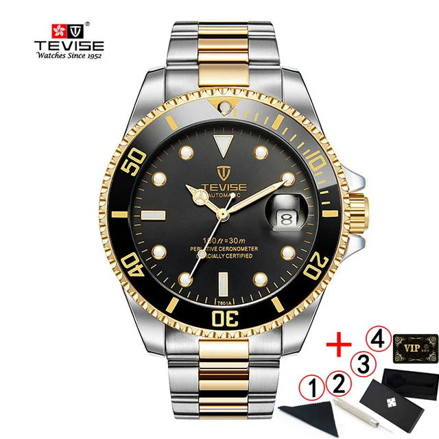 6-black-gold-slv-box TEVISE T801 автоматические механические часы для мужчин водонепроницаемые мужские часы Топ бренд класса люкс синие наручные часы Relogio Masculino - Цвет: 6-black-gold-slv-box