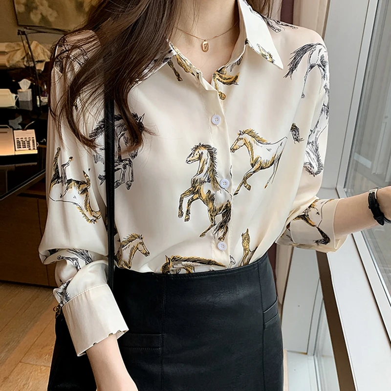 

Real Silk Long Sleeve Shirt Women European And American Style Animal Print Loose Blouse Mulberry Silk Tops 2022 Spring Autumn