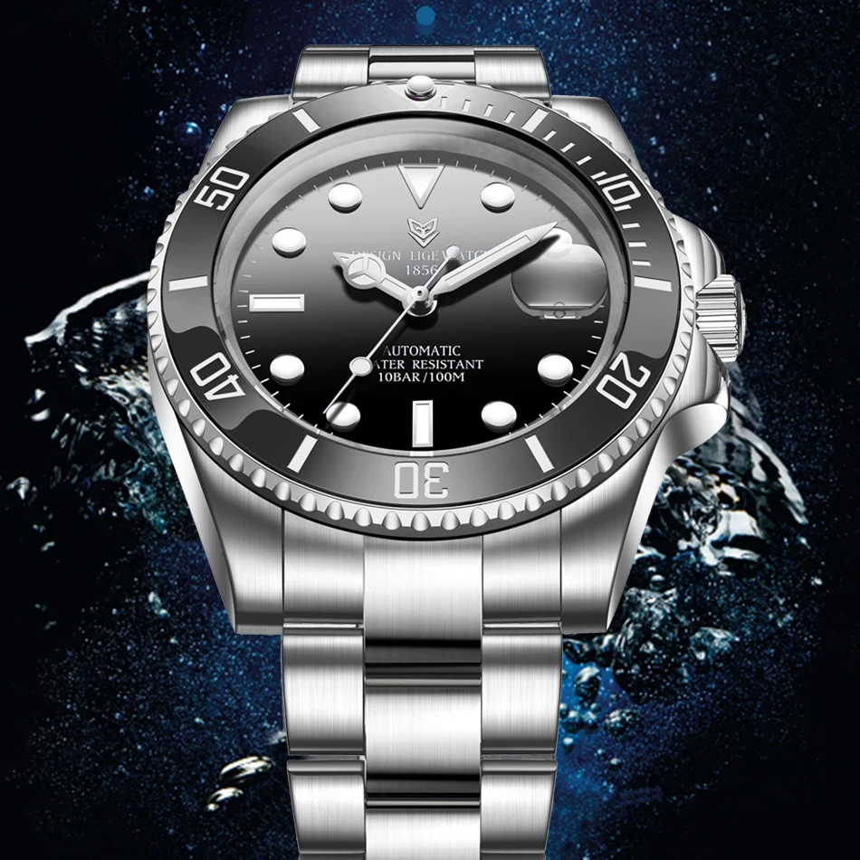 Часы наручные LIGE Мужские механические зеленые водонепроницаемые светящиеся со