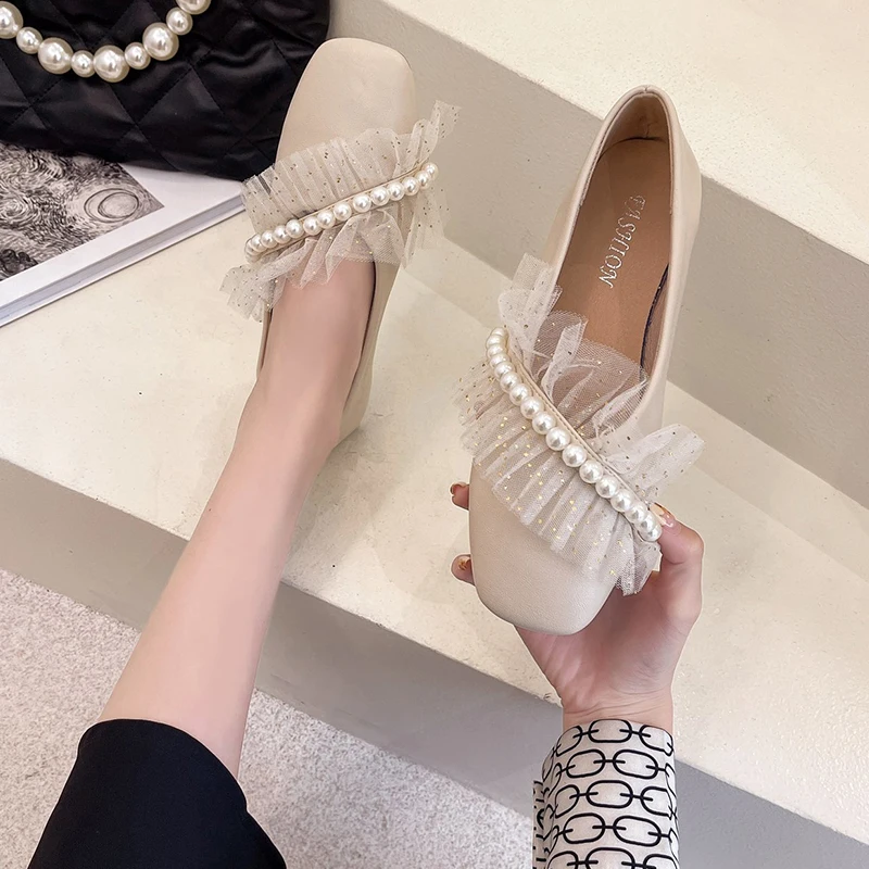 

Square Toe Pearl Decorateion Shoes Woman Flats Modis Shallow Mouth All-Match Casual Female Sneakers Autumn Slip-on Beading Dress