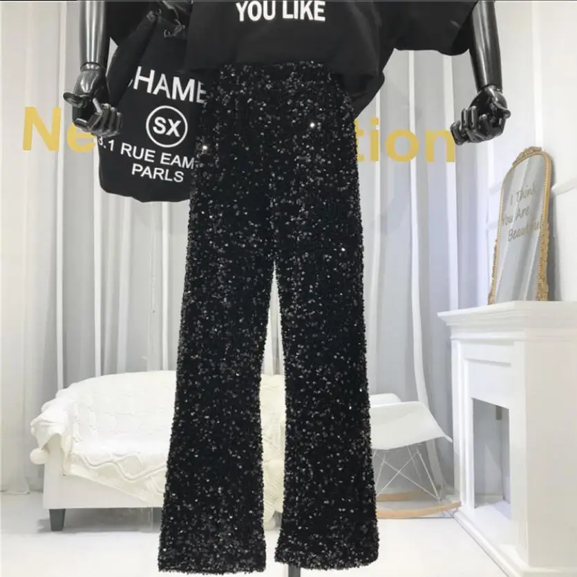 Новые модные весенние женские брюки с блестками повседневные широкими штанинами