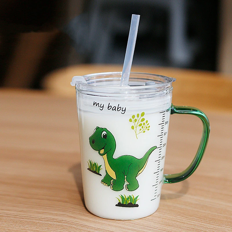 

Coffee cup children milk cup glass family cartoon drink breakfast cup straw cup 450ml Mug children straw cup drink