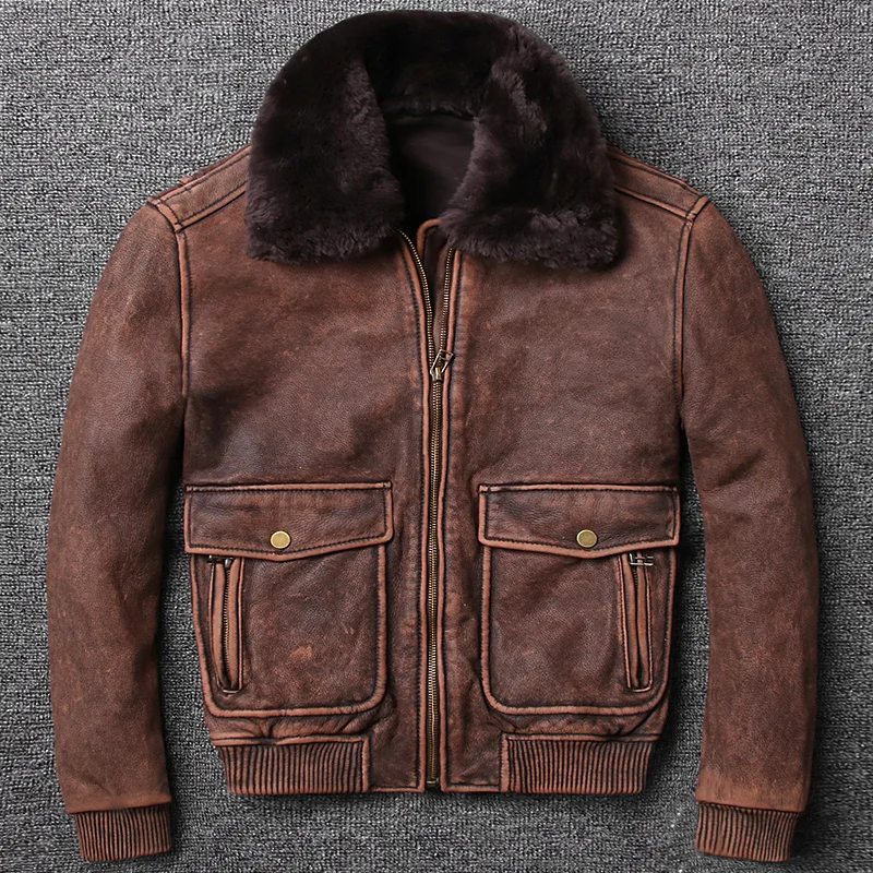 

Мужская летная куртка force air, коричневая винтажная куртка из коровьей кожи с меховым воротником, кожаная куртка-бомбер для зимы
