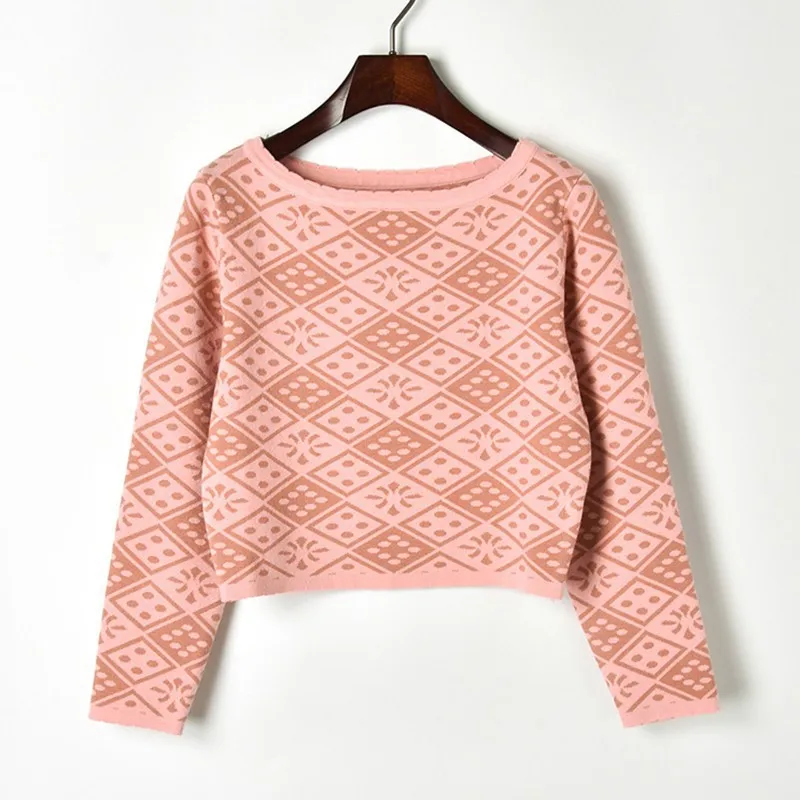 Женский розовый костюм Цветочный винтажный жаккардовый вязаный короткий