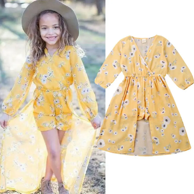 Boho/Детское платье-комбинезон с цветочным рисунком для маленьких девочек пляжное платье с длинными рукавами и v-образным вырезом и цветами шифоновое платье для девочек Одежда для девочек От 1 до 5 лет