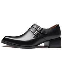 men genuine leather shoes brand high heels casual man square head slip on daily breathable office work wedding stage wear black
