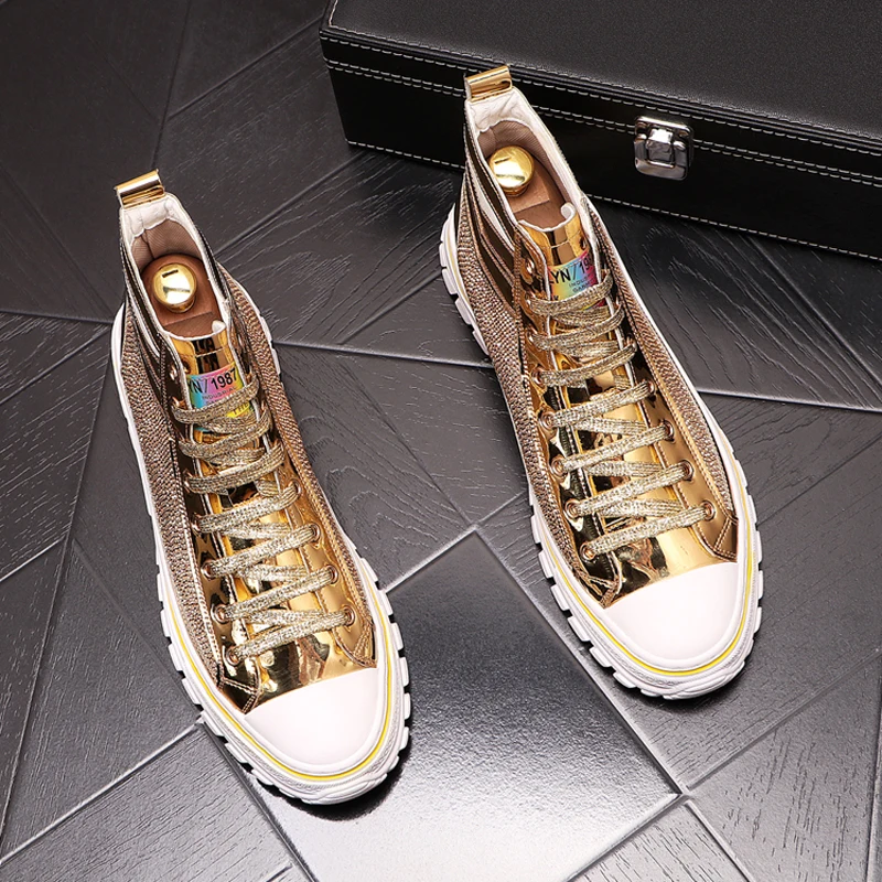 

Silver Rhinestone Men Shoes Fashion High Tops Print Punk Sneakers Hip-hop Casual Flats Ankle Boots Zapatillas Hombre