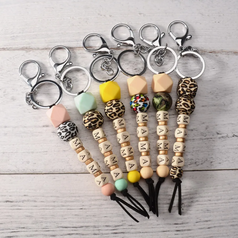 

New Leopard Print Silicone Bead Keychain Fashion Bag Pendant MAMA Family Pendant Mother's Day Gift Charm Jewelry Accessories