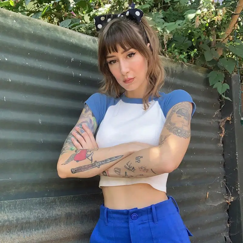 

Retro stitching contrast color short-sleeved T-shirt women's short crop top Woman T-shirts vintage clothes Female Tee Kawaii y2k