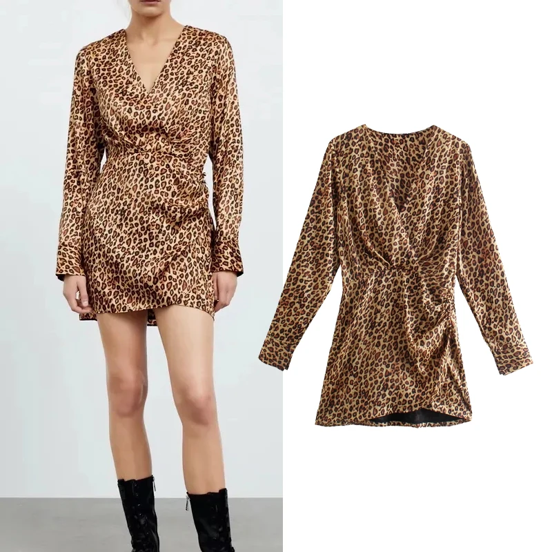 

Женское атласное мини-платье Za, шелковое платье с леопардовым принтом и V-образным вырезом, Осеннее Повседневное платье для вечерние, 2021