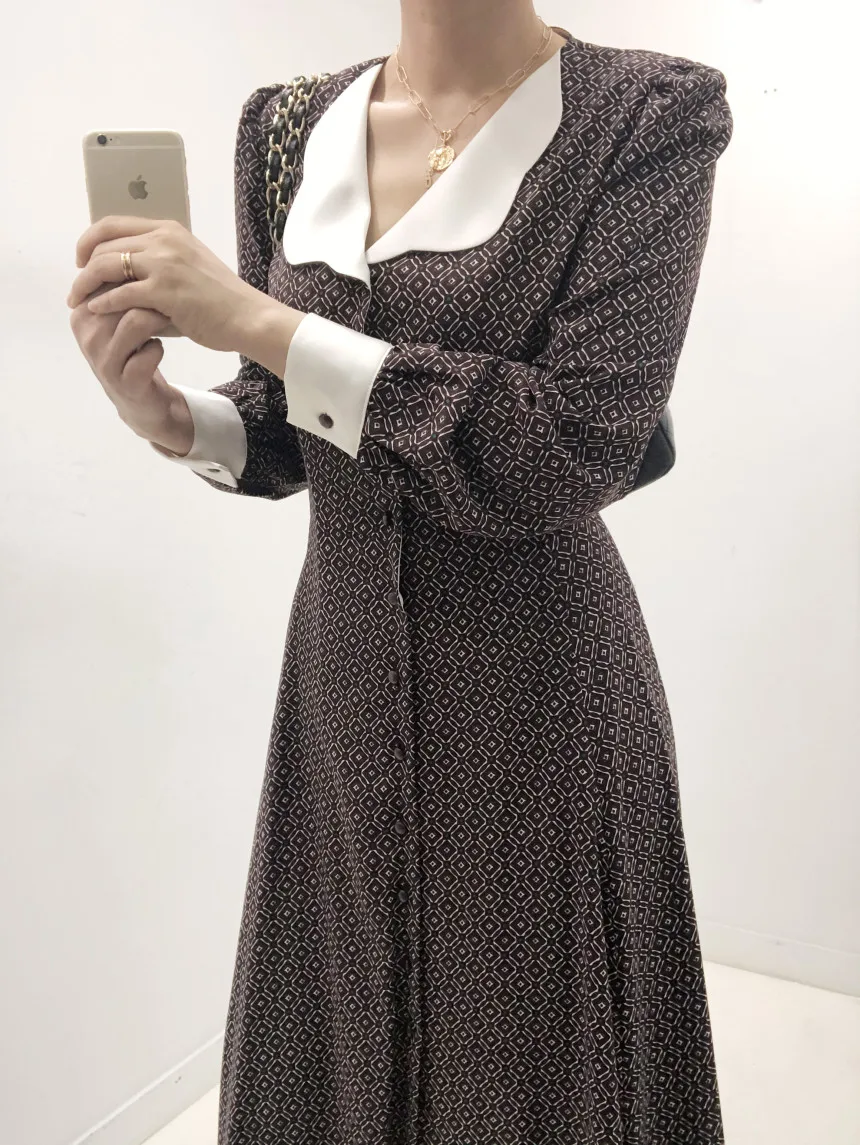 

Chic Korean Style Women Vintage Party Print Long Sleeve Casual Single Breasted Elegant Spring New Fashion Dress