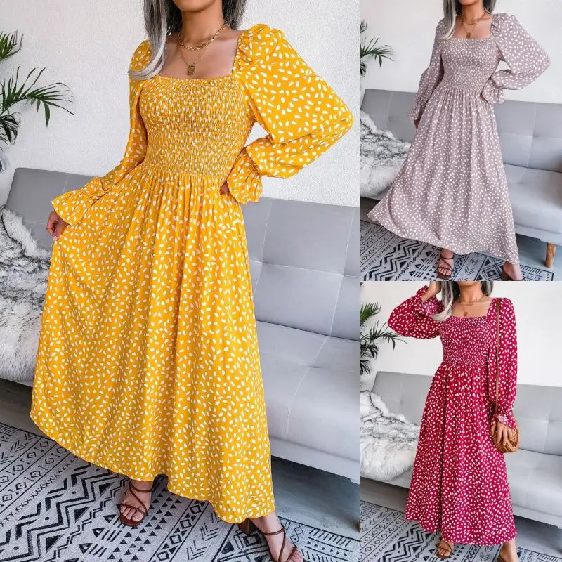 

Fashion Printed Long Dress Women Pleated Spring Autumn Square Collar Long Sleeves Yellow Red Lotus Root Color Clothes
