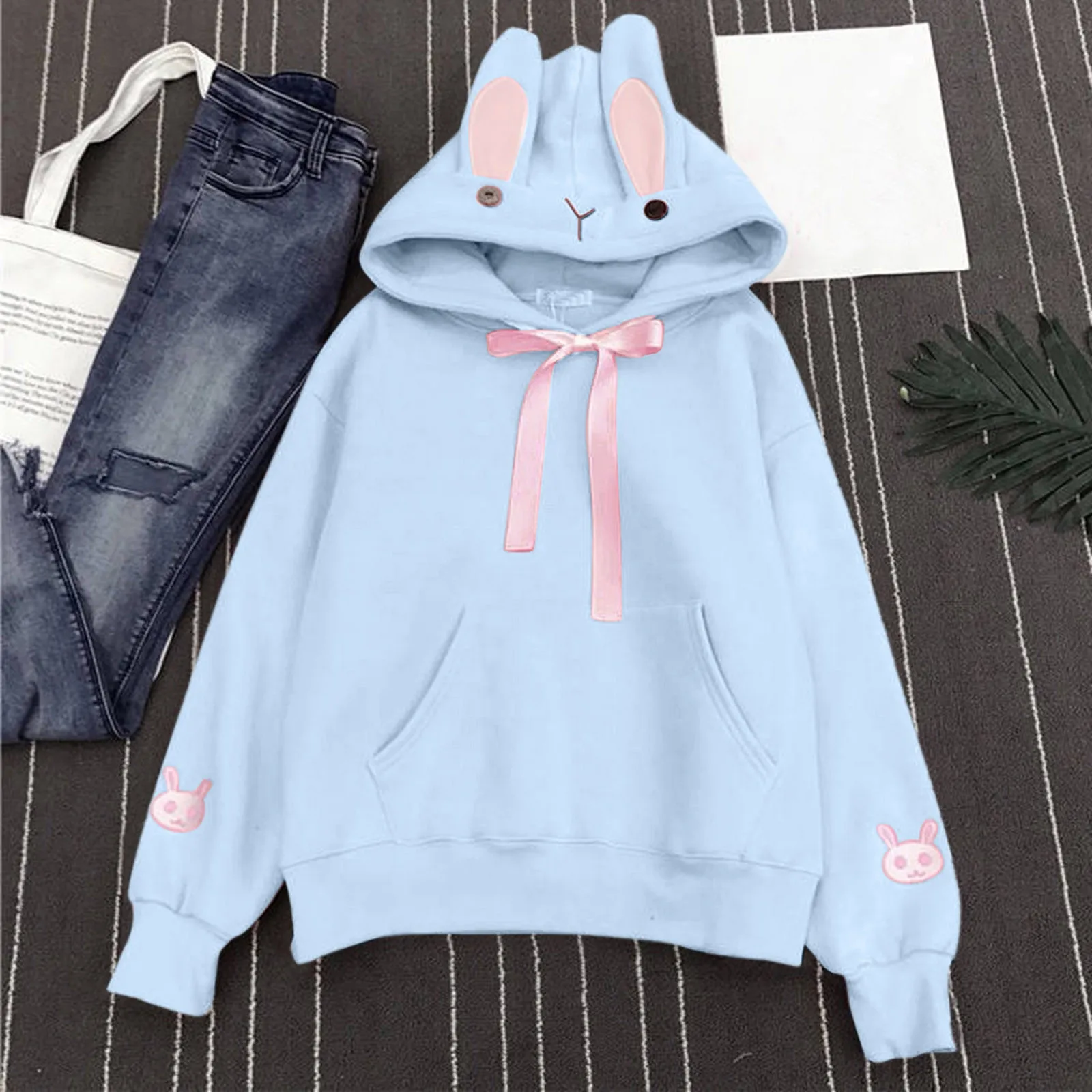 Sweatshirt For Women Print Autumn Korean Style Fashion Hoodies Kawaii Oversized Hooded Rabbit Ears Long Sleeve Loose Tops