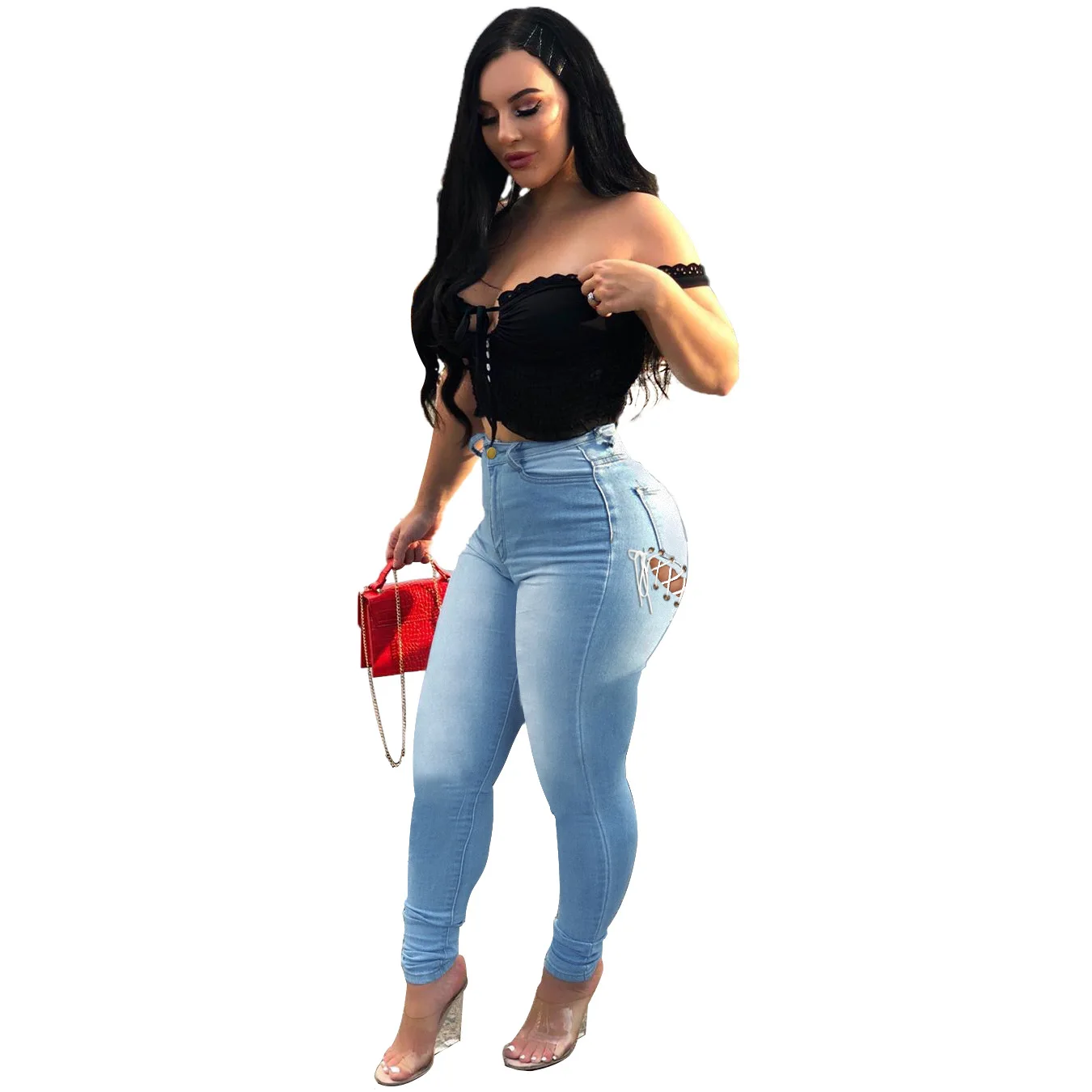 

Women's Eyelet Bandage Jeans Slim Skinny Pants women jeans y2k pants jeans woman woman shorts denim jeans for women