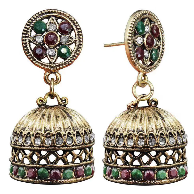 

Milangirl Boho Retro Antique Gold Color Hollow Long Bell Inlaid Crystal Rhinestone Zircon Metal Dangle Earrings