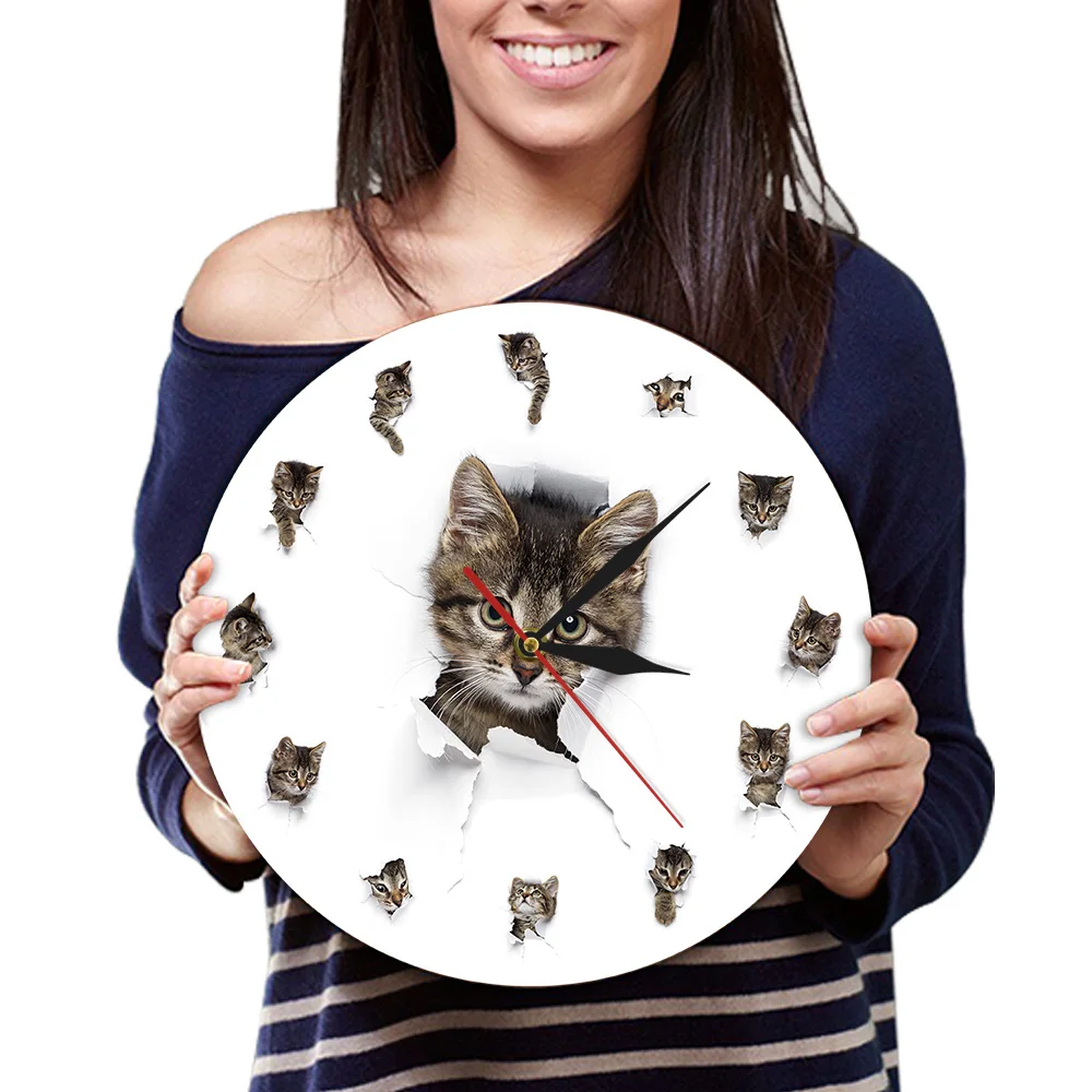 Милые Маленькие котята с отверстиями из бумаги акриловые настенные часы принтом