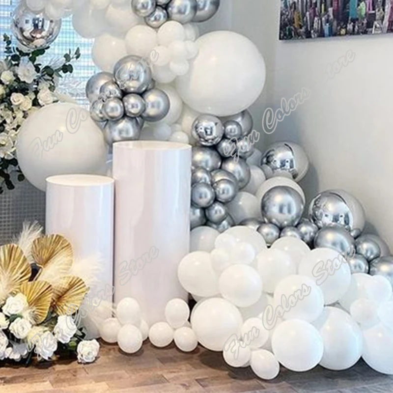 140pcs White Wedding Birthday Party Backdrop Baby Shower Supplies Silver Holiday Celebration Decoration Balloon Garland Arch Kit
