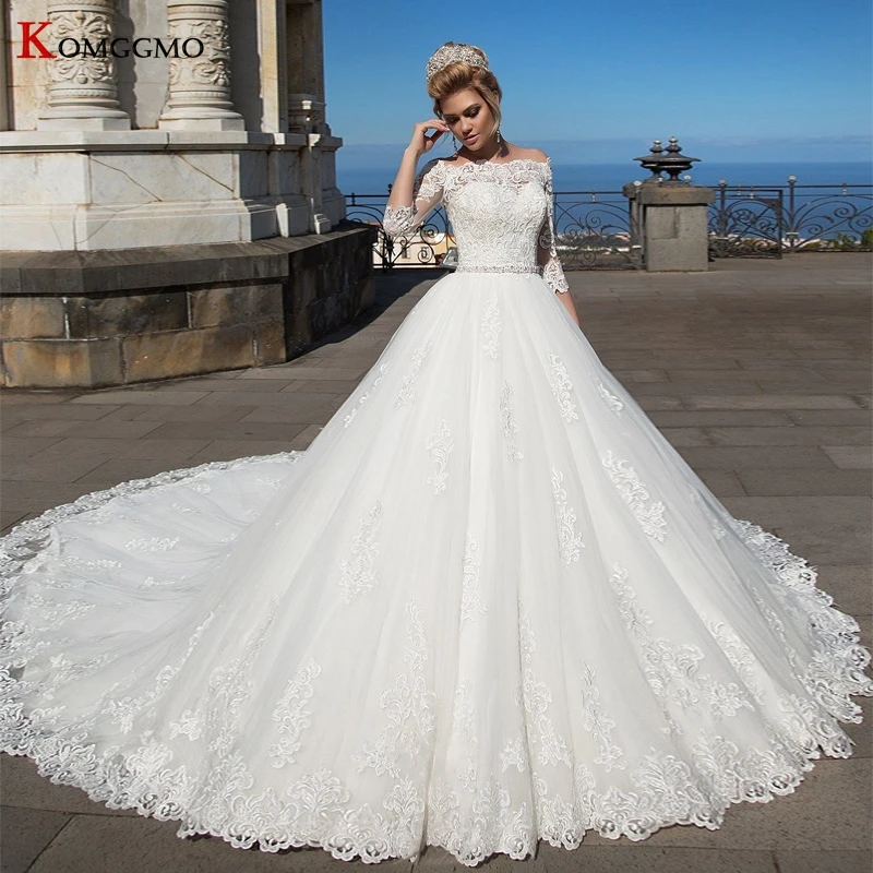 

Luxury Off the Shoulder Three Quarter Sleeve Cathedral Train Bridal Ball Gown Custom Made Boat Neck Button Back Wedding Dress