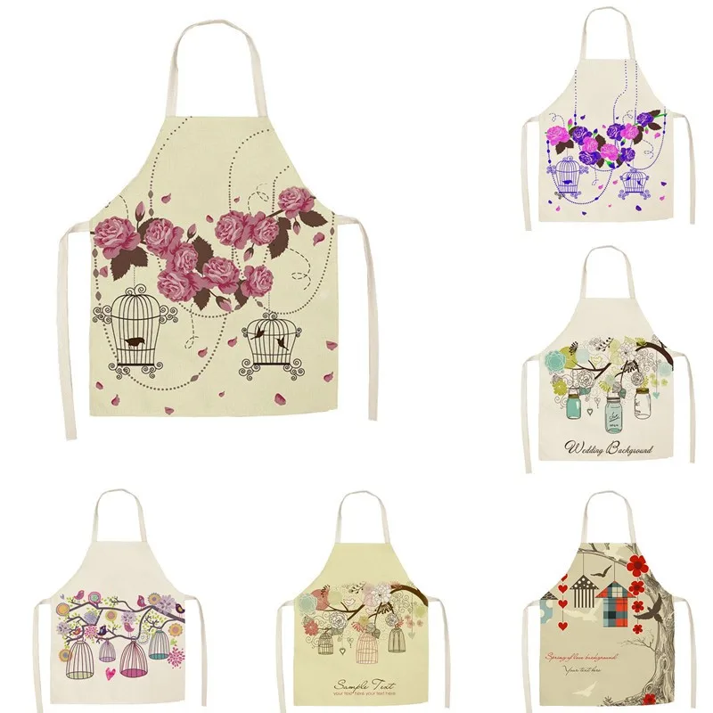 Льняные фартуки унисекс для кухни с цветочным принтом птицы|Фартуки| |