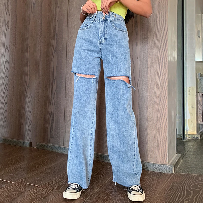 

Ripped Jeans Women Loose Loose Straight Cut Rotten High Waist Pants Were Thin Wide Legs 100% Cotton Mop Pants