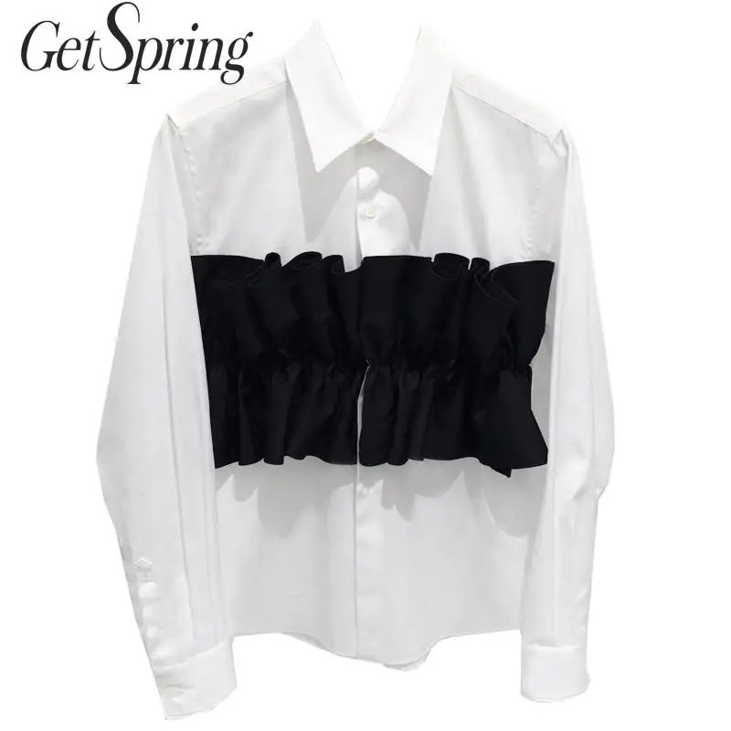 GETSPRING женская рубашка с оборками в стиле пэчворк черные белые женские топы