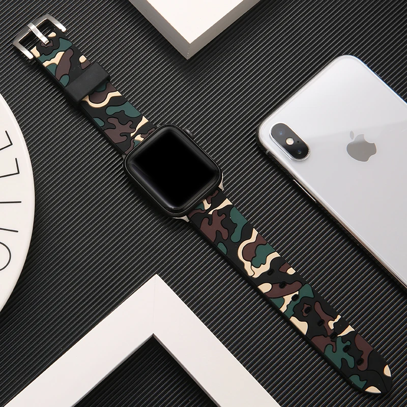Камуфляжный ремешок для Apple watch 4, 5, ремешок 44 мм, 40 мм, iWatch 42 мм, 38 мм, силиконовый спортивный браслет, ремешок для Apple watch 5, 4, 3, 21
