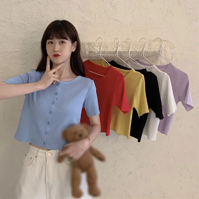

Fashion Women T shirt Summer Solid Color Button Knit O-neck Short-sleeved Temperament T Shirt Female Casual Sexy Slim Crop Top
