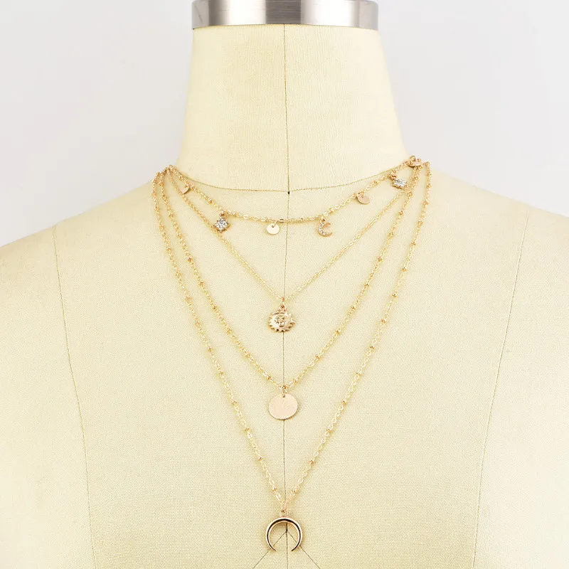

Korean Moon Sun and Stars Multilayer Disc Pendant Necklace for Women Birthday Present Party Jewelry