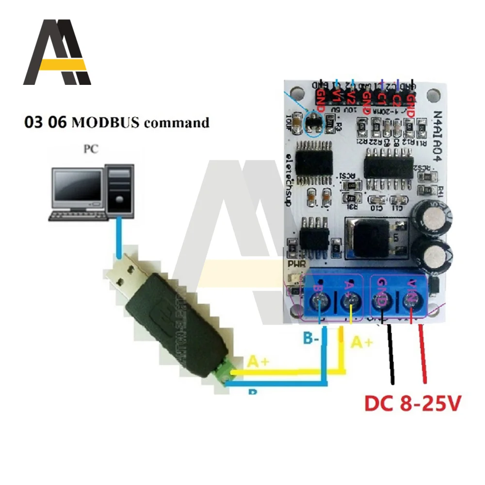 Модуль сбора сигнала напряжения RS485 Modbus RTU 4-канальная плата ADC для передатчика