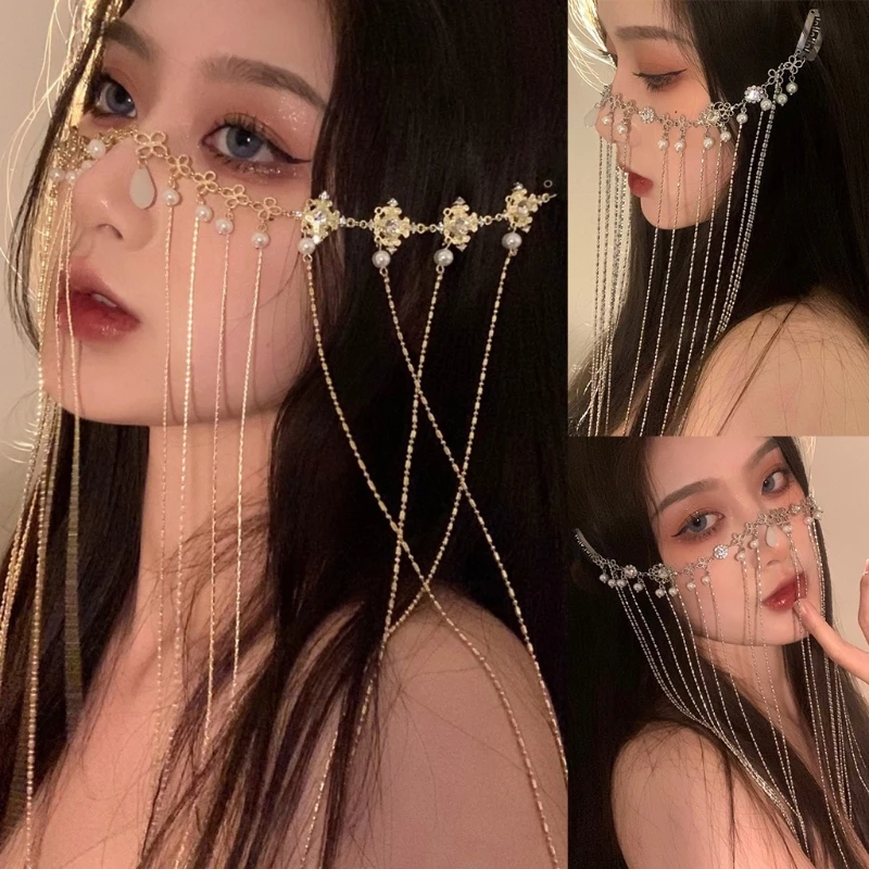 

Face Cover Hair Clip Mesh Multi-Layers Tassel Veil Chain with Pearl Masquerade Mask Fancy Cover Face Decoration