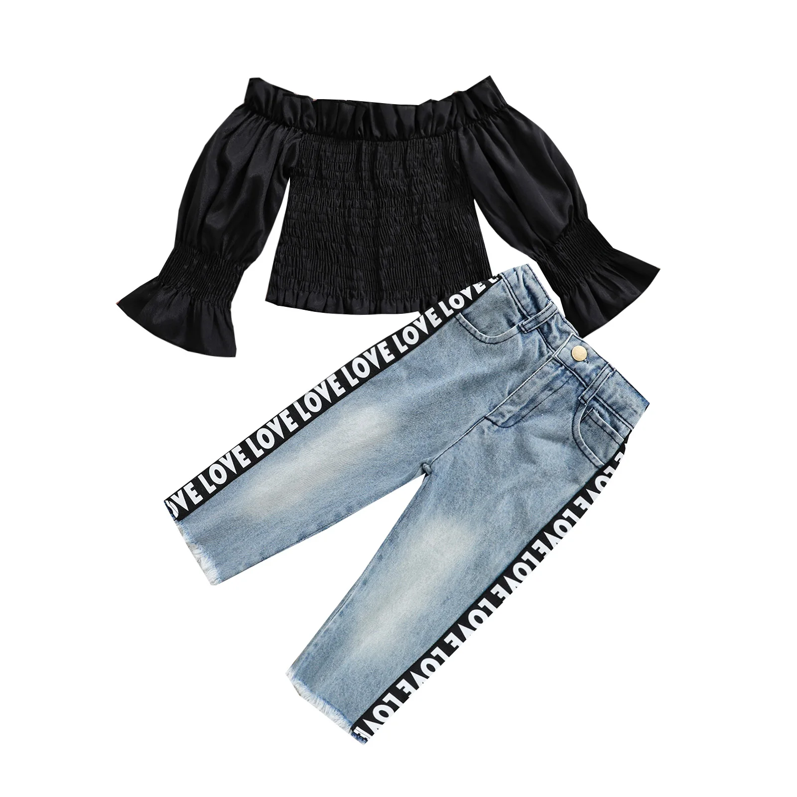 

Fashion Toddler Girls 2pcs Clothes Sets Ruffles Long Sleeve Off Shoulder Solid Tops Letter Ripped Denim Pants 1-5Y