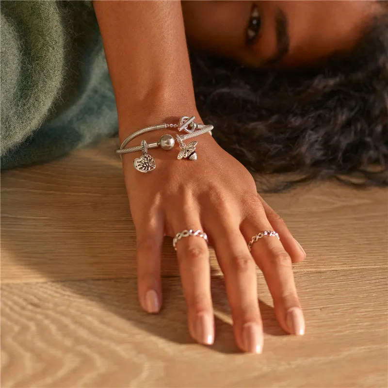 

2021 New 925 Sterling Silver Two-Tone Family Tree Heart Dangle Charm fit Beads Bracelet DIY Original Silver 925 Jewelry Making