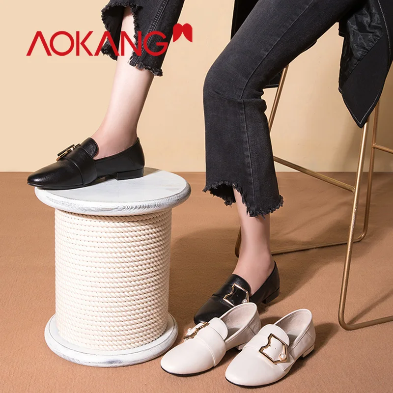 AOKANG/2019 черные лоферы на плоской подошве женские мокасины из натуральной кожи