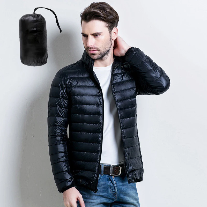 

Парка мужская с воротником-стойкой, повседневный ультралегкий пуховик, портативная верхняя одежда, ветрозащитная одежда на белом утином пу...