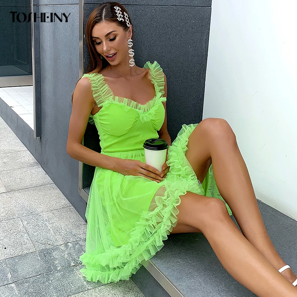 

Tosheiny 2021 Summer Woman Mini Sexy Dress Party Ruffles Mesh Spaghetti Strap Backless Sleeveless Short Green Vestidos Club Y2K
