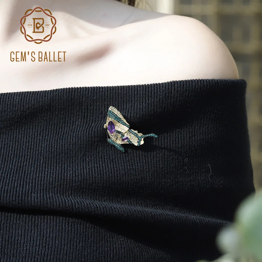 GEM'S BALLET, натуральный аметист, Бабочка, брошь, подвеска, ювелирное изделие, 925 пробы, серебро, позолота, Gemsone для женщин, хорошее ювелирное изделие