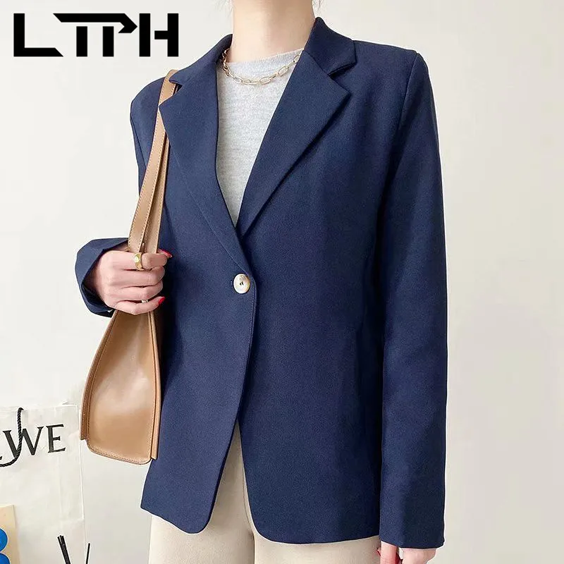 LTPH-Chaqueta clásica de un solo botón para mujer, chaqueta de manga larga que combina con todo, de oficina, traje azul marino, primavera 2021