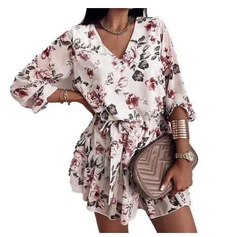 

European and American summer women's new fashion lotus leaf trim Vestidos sexy v-neck Xiaoqing sweet print floral short Dresses