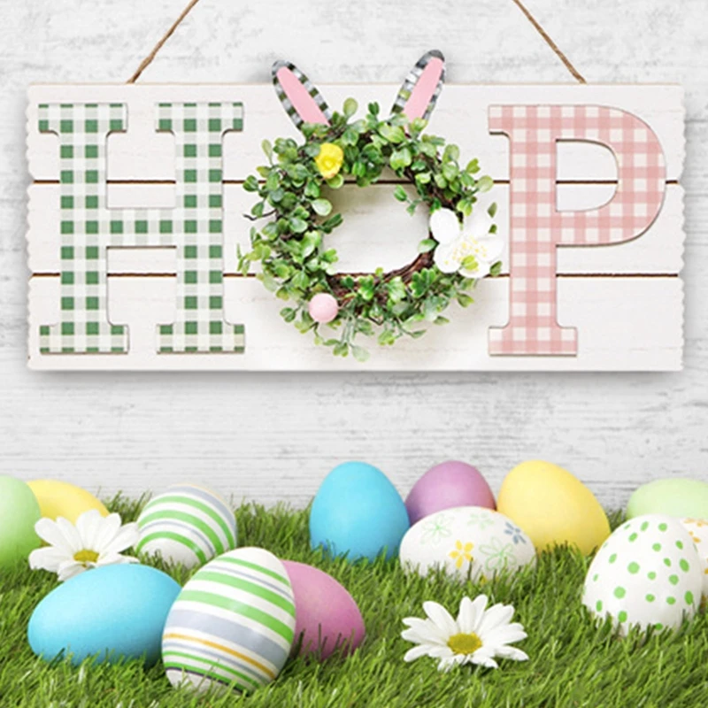 

Easter Hanging Sign Wooden Bunny Pendant Hanging Rabbit Sign w/ Woven Wreath Wall Decorations for Farmhouse Room Kitchen