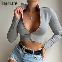 beyouare women double zipper crop top casual solid long sleeve slim skinny basic tees 2021 autumn fashion elegant office female