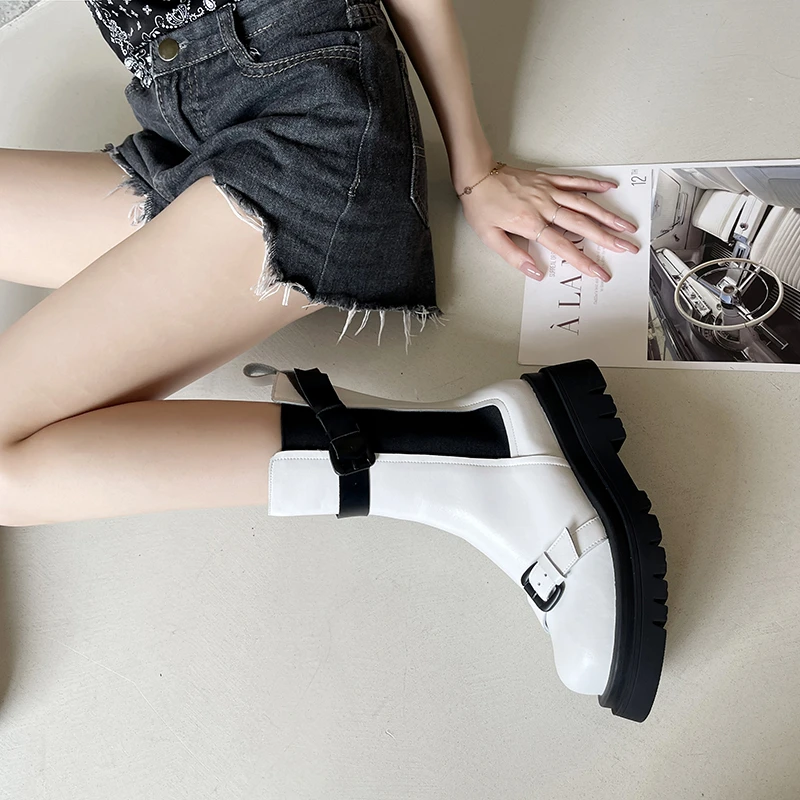 

2021 Autunm Women New Lug Sole Chelsea Boots Balt Deco Mid Calf Knee Booties With Buckles RALSWNAY