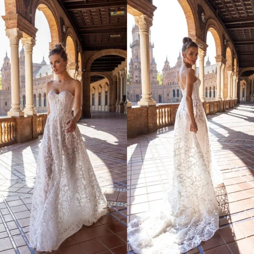 

2021 Lace Wedding Dresses Sexy Sweetheart Applique Sequin A-Line Bridal Gowns Open Back Sweep Train A Line Wedding Dress Robe