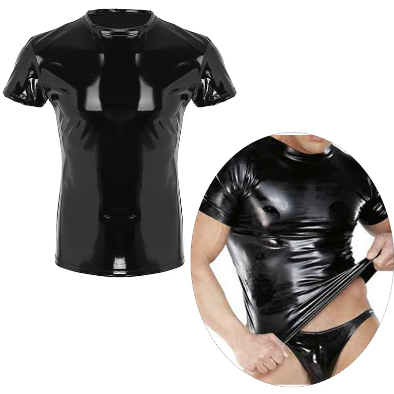 

Motorcycle Style Leather -shirt Vest Mens Latex Shirt Top Wetlook Leather Tank Top Shirt Punk Clubwear Muscle Tight T-Shirt Top