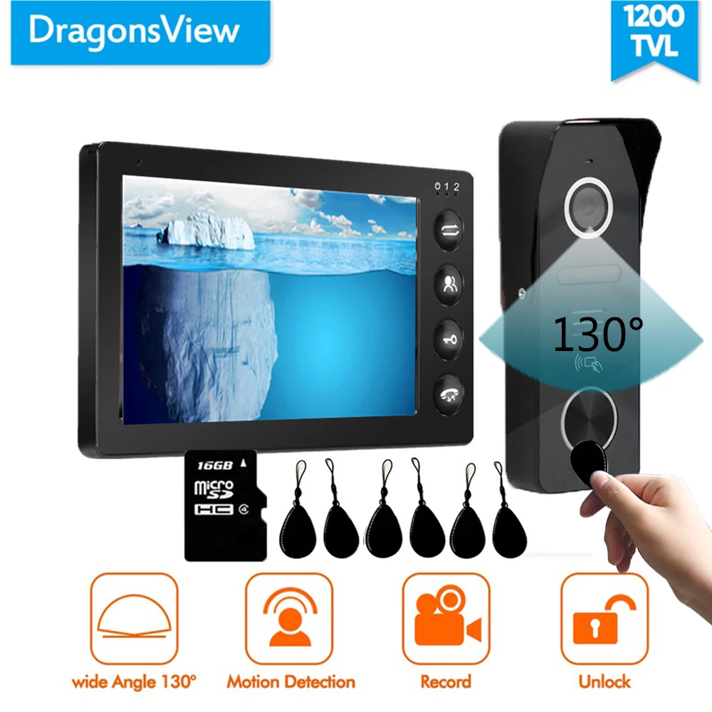 Dragonsview 7 дюймов видеодомофон RFID видео домофон система черная картинка видео запись движения Обнаружение широкий угол 130