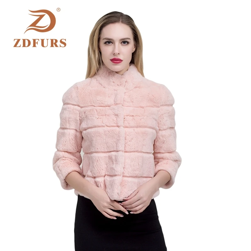 ZDFURS*2019 New Short rabbit fur Jacket 100% Full Pelt Genuine Real rex Rabbit Fur Coat Stripe Line Natural fur outerwear