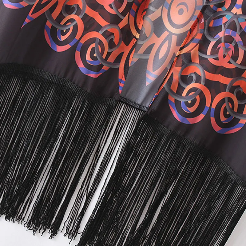 Винтажный женский шифоновый кардиган-кимоно с геометрическим принтом бахромой и