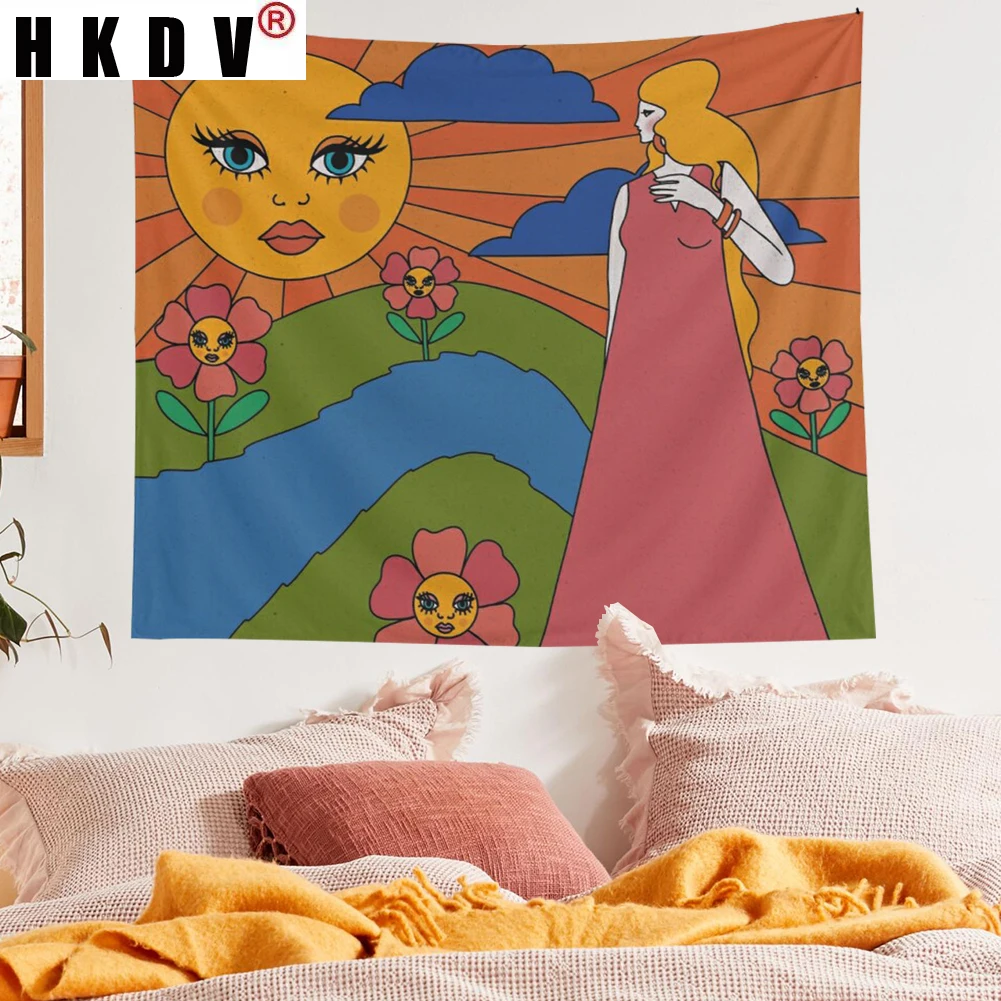 

HKDV Sun Flowers Girl Hippie Tapestry Wall Hanging Covering Rugs Background Cloth Beach Mat Blanket Art Bedroom Dorm Home Decor